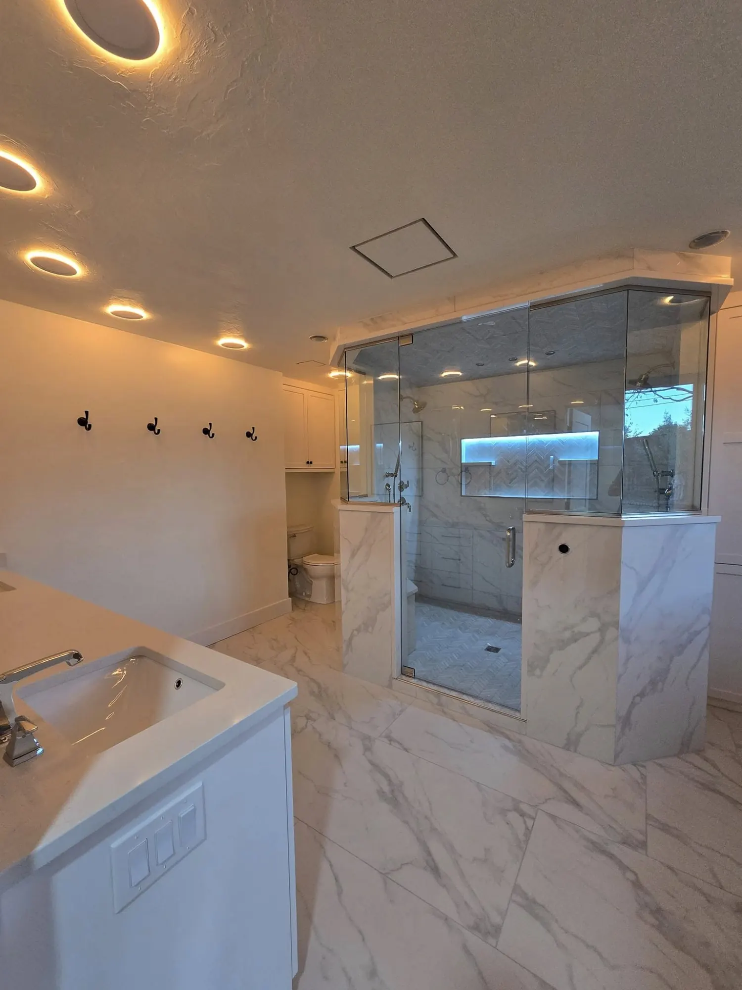 Glass-enclosed marble shower with illuminated niche