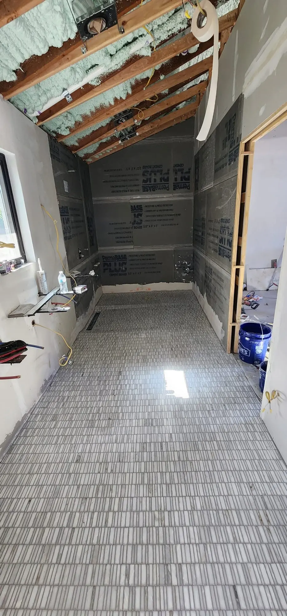 Bathroom floor installation in progress